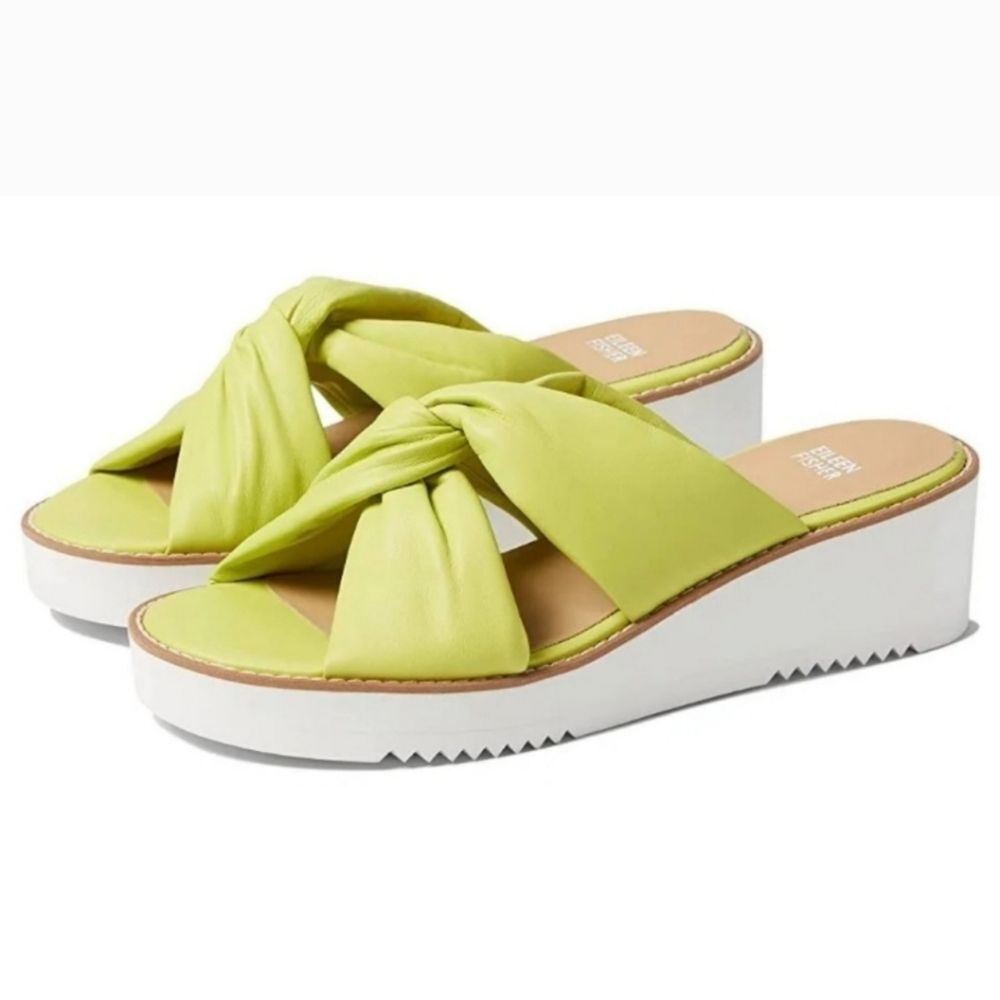 Eileen Fisher Bene Leather Platform Puffy Wedge Sandals Citrus Nappa Size 6